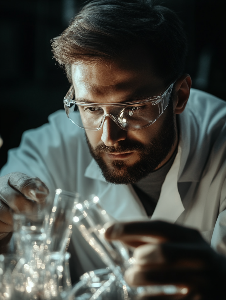 A person in a laboratory examines samples or conducts research.